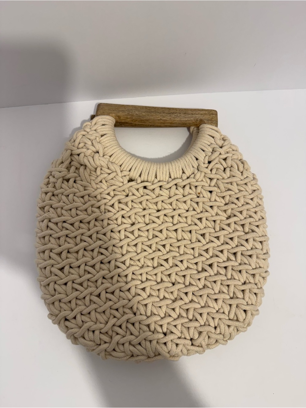 A New Day Ivory macrame crochet bag with wooden handles bohemian style